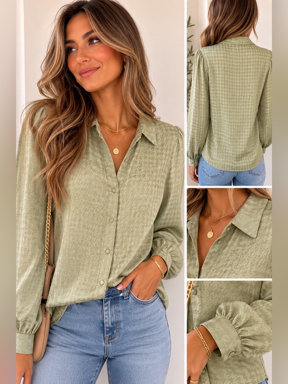 Woven Houndstooth Button-Front Blouse - olive Green